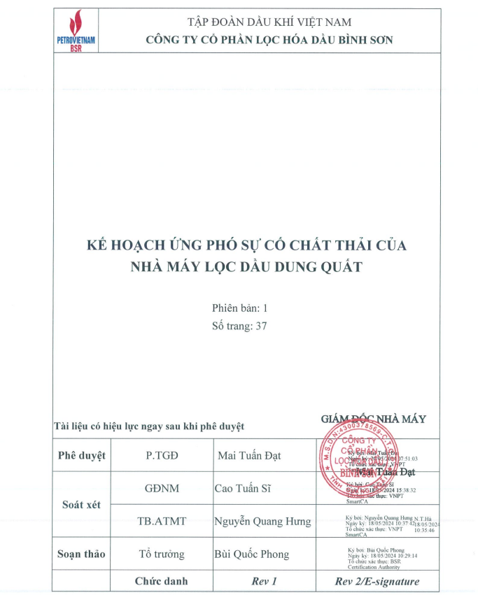 Kế hoạch ứng phó sự cố chất thải của Nhà máy lọc dầu Dung Quất