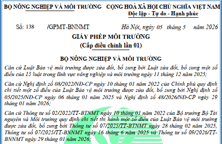 Giấy phép môi trường cấp điều chỉnh lần 1